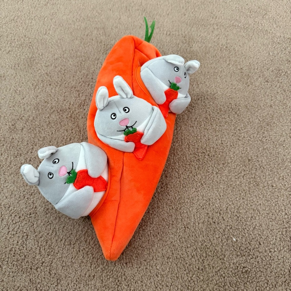 Carrot and Bunny Rabbit Orange and Gray Dog Plush Puzzle Toy with Soft Texture
